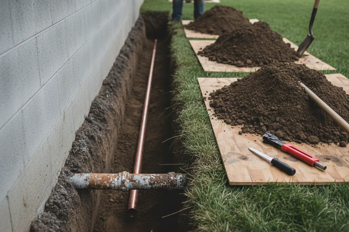 Excavated water line trench during Sewer Line Repair in Wiscasset